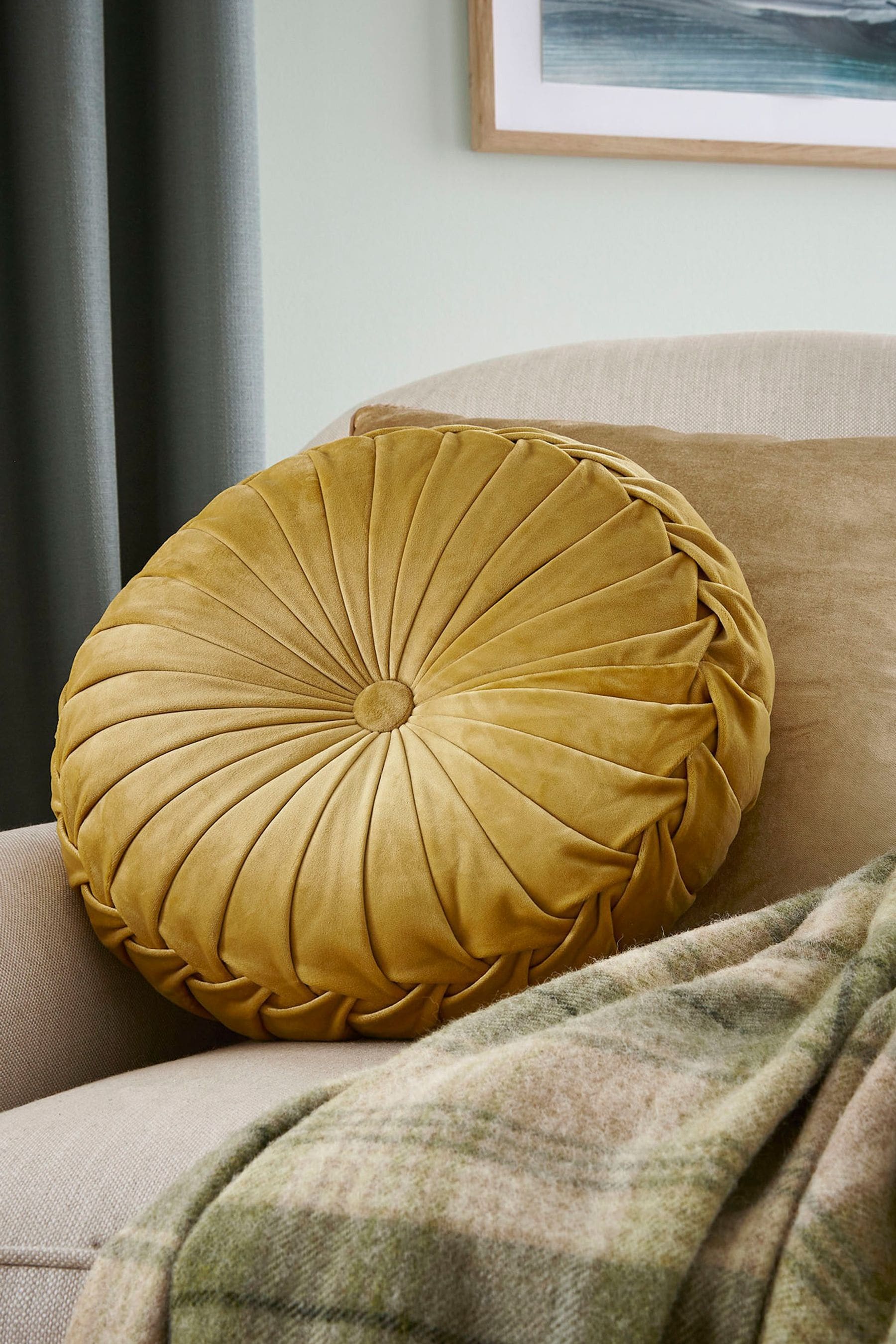 Round yellow shop throw pillow