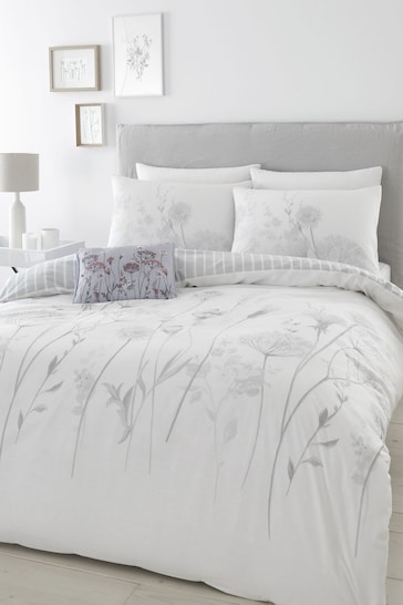 Catherine Lansfield Grey/White Meadowsweet Floral Reversible Duvet Cover Set