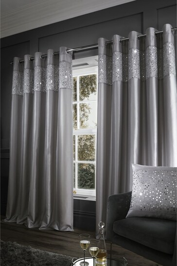 Catherine Lansfield Grey Glitzy Sequin Eyelet Lined Curtains