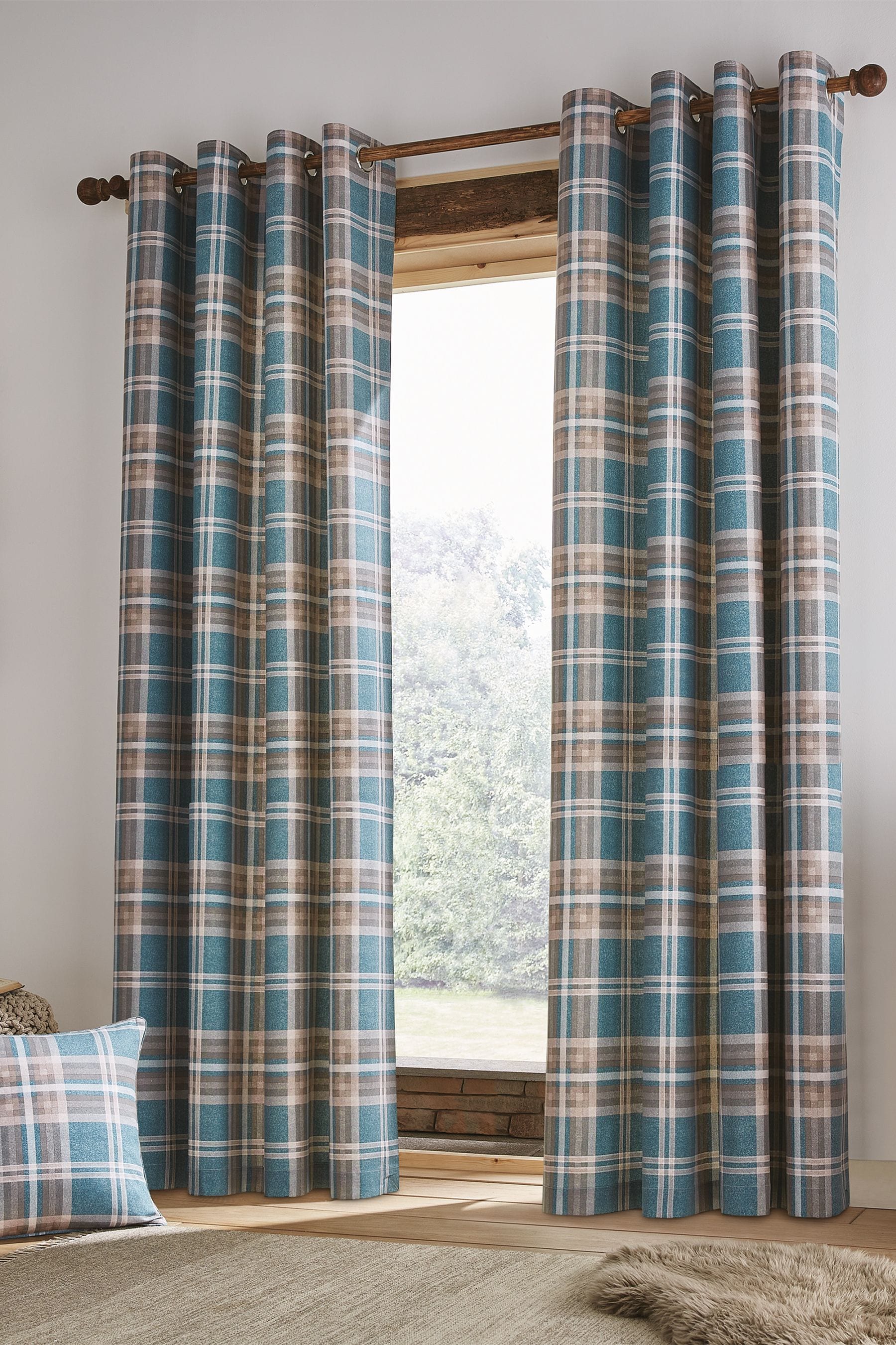 Blue store check curtains