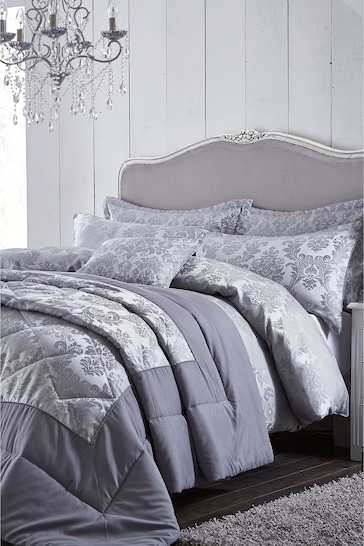 Catherine Lansfield Silver Damask Jacquard Duvet Cover and Pillowcase Set