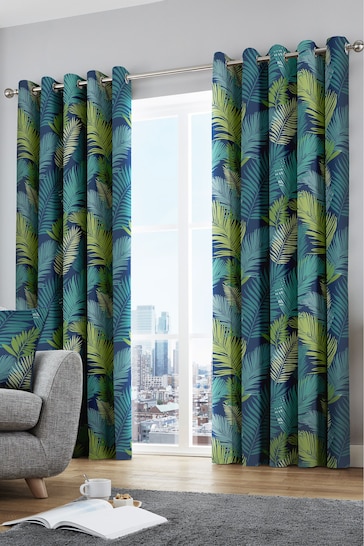 Fusion Green Tropical Leaves Lined Eyelet Curtains