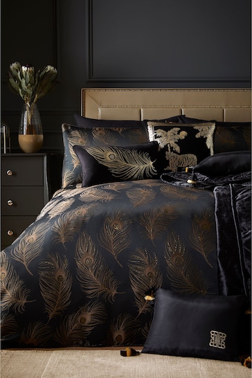 Laurence Llewelyn-Bowen Black/Gold Dandy Metallic Feather Jacquard Duvet Cover and Pillowcase Set