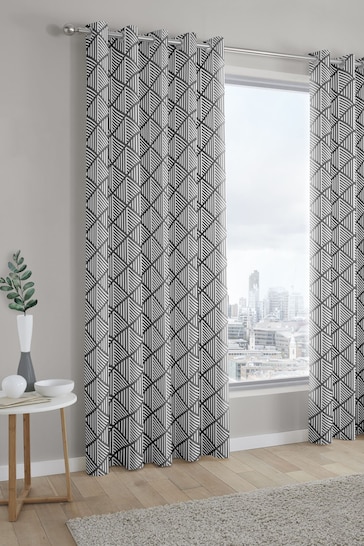 Fusion Grey Brooklyn Geo Lined Eyelet Curtains