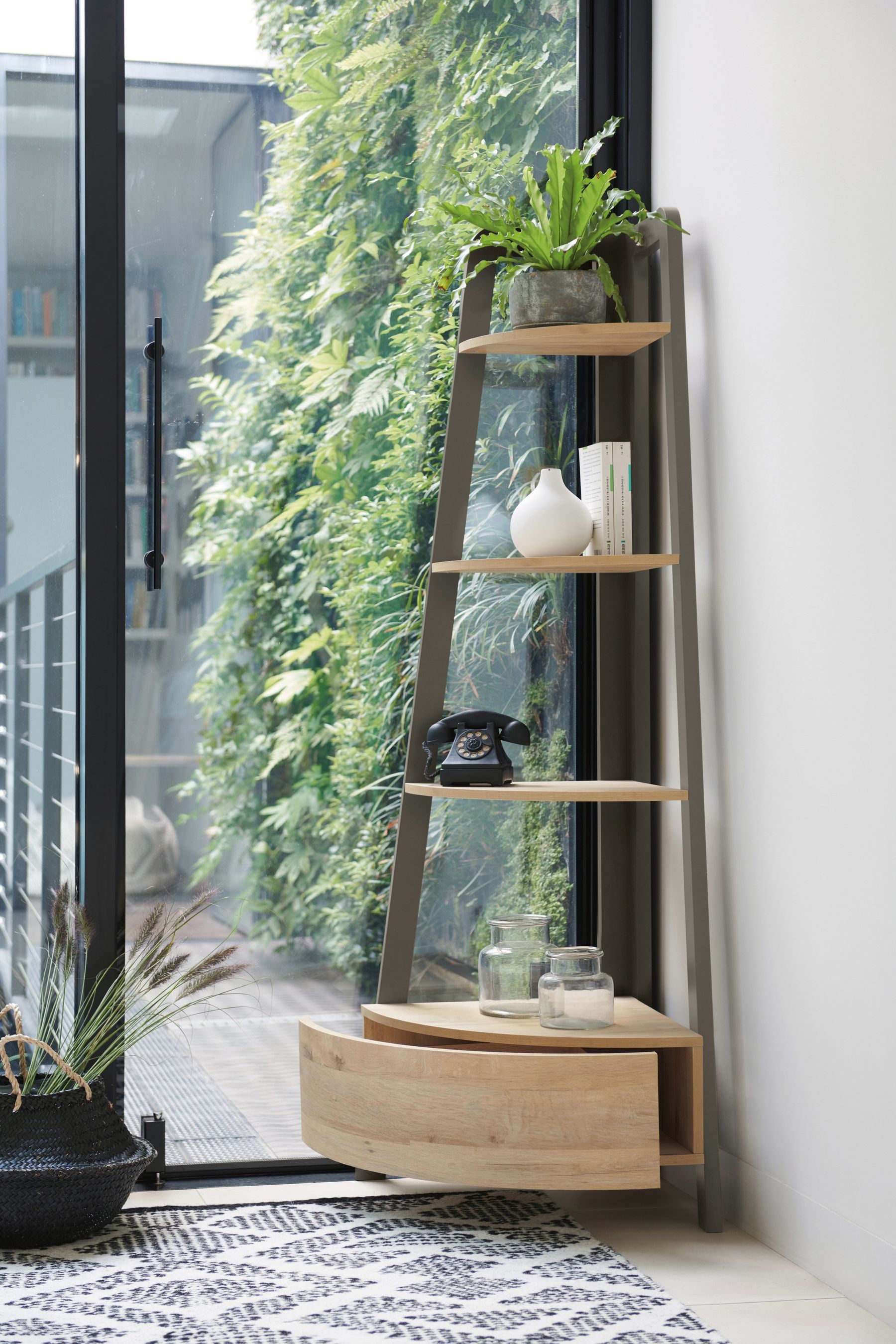 Oak corner outlet ladder shelf unit