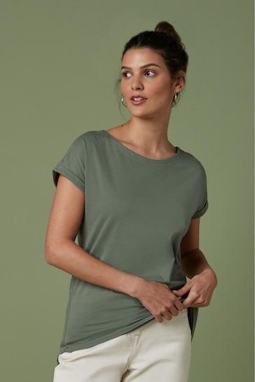 Khaki Green Round Neck Cap Sleeve T-Shirt