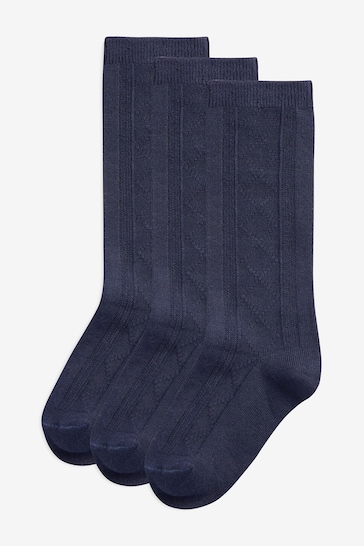 Navy Blue 3 Pack Cotton Rich Pointelle Knee High School Socks