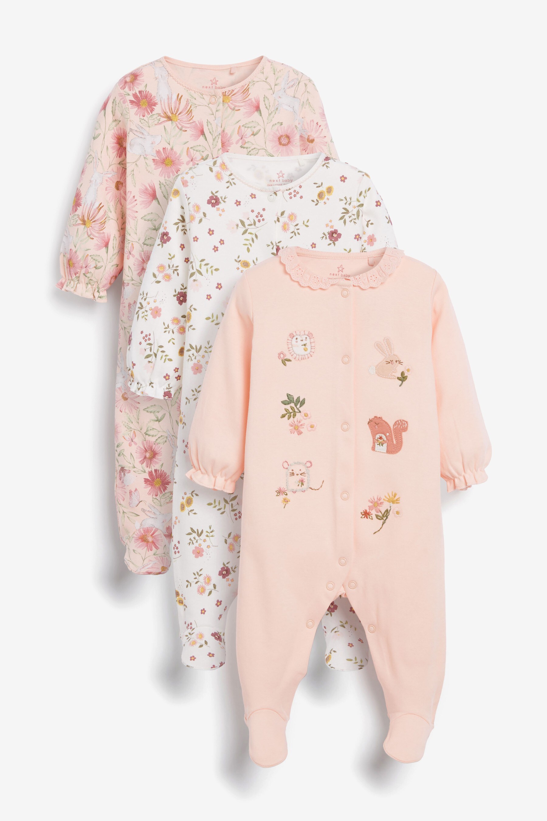 Buy Pink Floral 3 Pack Embroidered Detail Sleepsuits (0-3yrs) from the ...