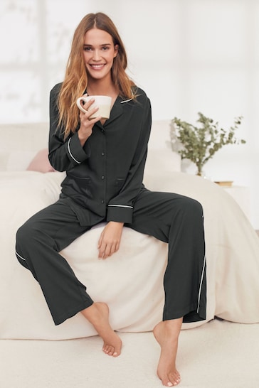 Buy Black With White Piping Button Through Pyjamas from the Next UK online  shop