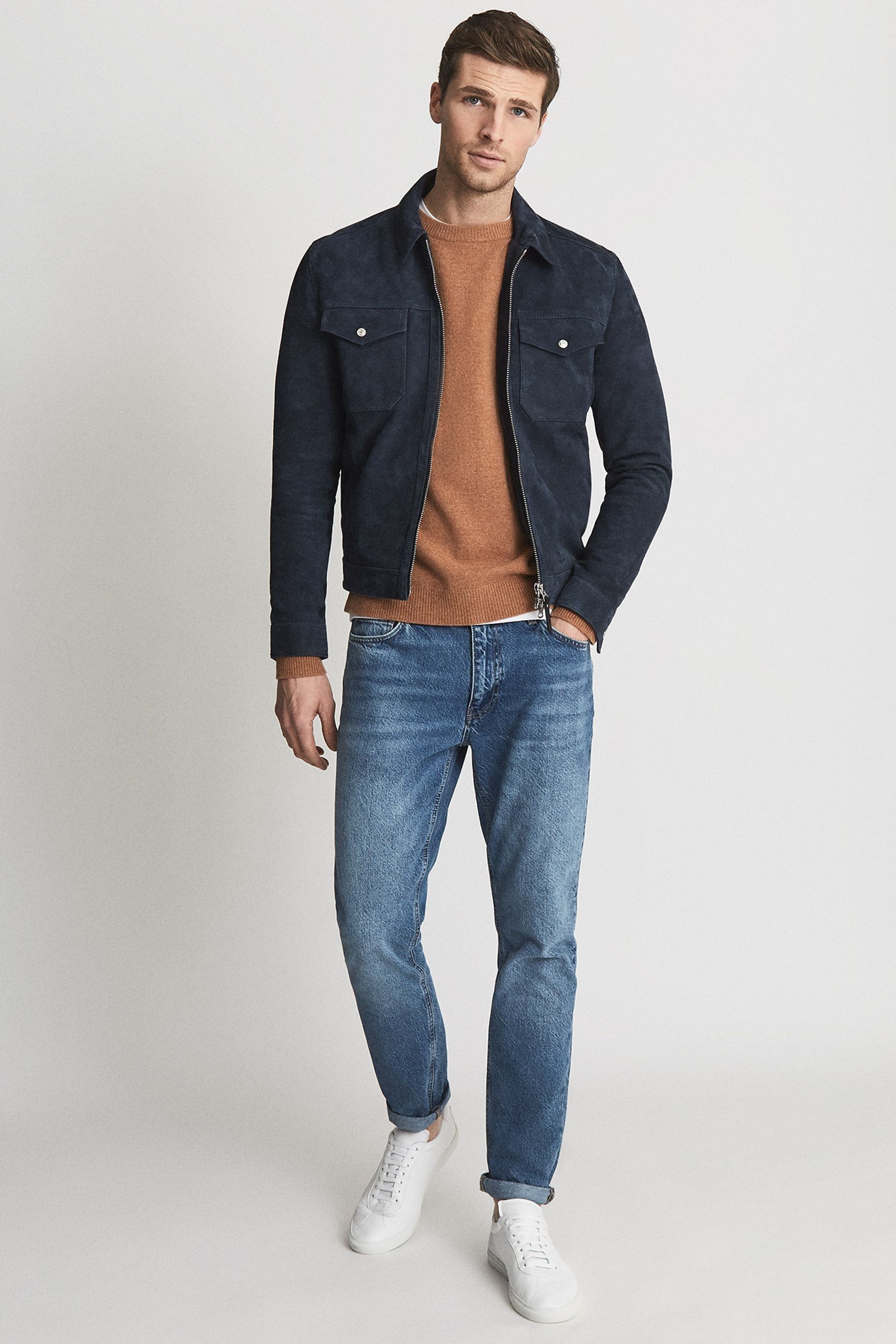 Buy Reiss Airforce Blue Pike Suede Zip Through Trucker Jacket from the ...