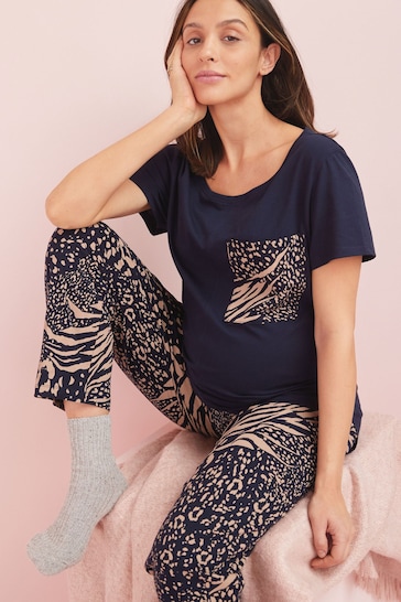 Navy Blue Animal Maternity Cotton Pyjamas