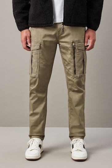 Stone Slim Fit Zip Detail Stretch Cargo Trousers