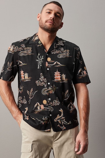 Black Printed Short Sleeve Shirt With Cuban Collar