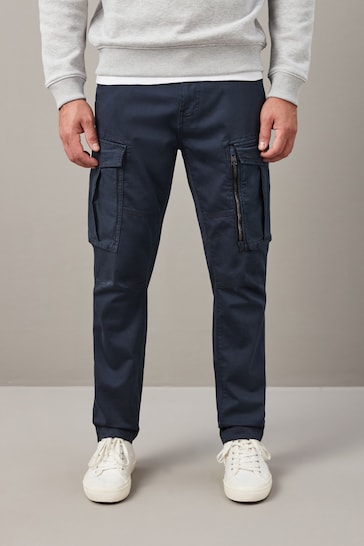 Navy Blue Slim Fit Zip Detail Stretch Cargo Trousers