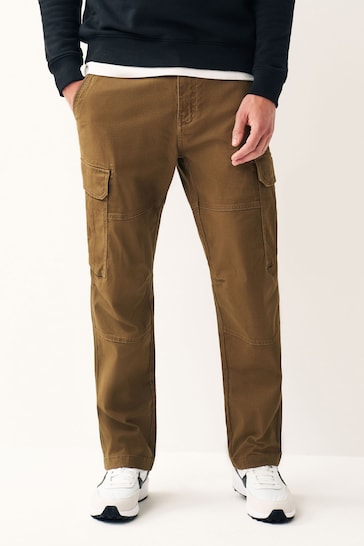 Tan Brown Straight Fit Cotton Stretch Cargo Trousers