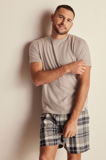 Neutral/Grey Brushed Cotton Check Short Pyjama Set