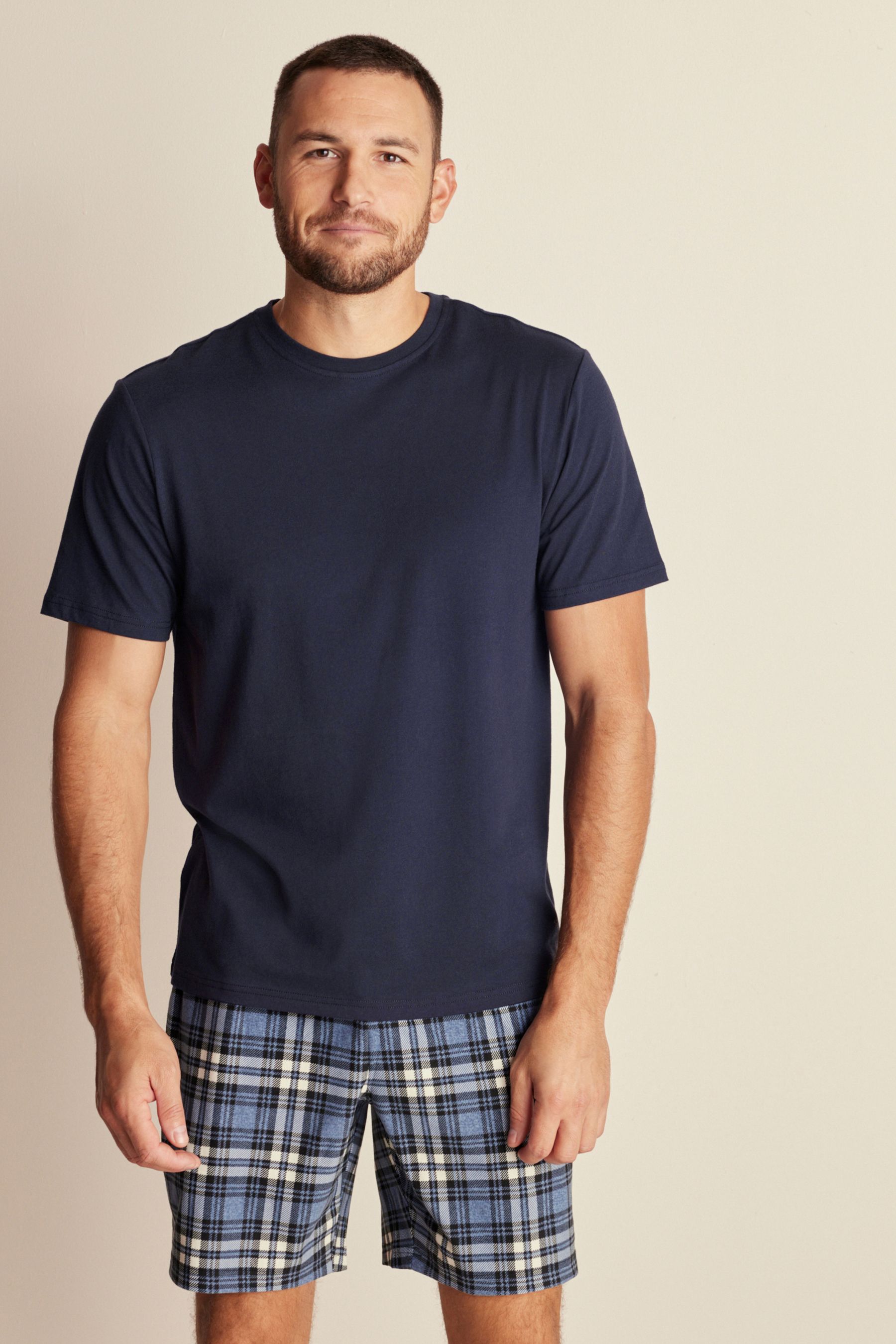 Buy Navy Blue Check Motionflex Cosy Short Pyjamas Set from the