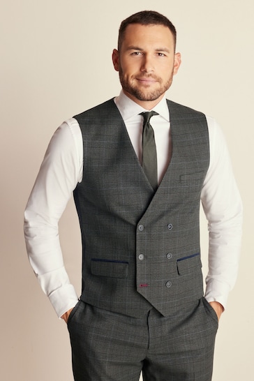 Green Slim Trimmed Check Suit: Waistcoat