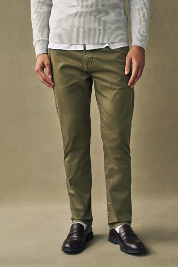 Khaki Green Slim Fit Premium Laundered Stretch Chinos Trousers