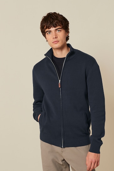 Navy Blue Zip Through Knitted Premium Regular Fit Jumper