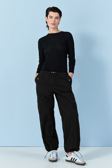 Black Parachute Pull On Cargo Trousers