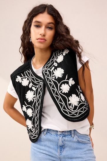 Monochrome Floral Embroidery Waistcoat