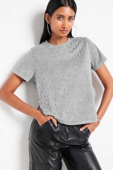 Grey Short Sleeve Embellished Washed T-Shirt