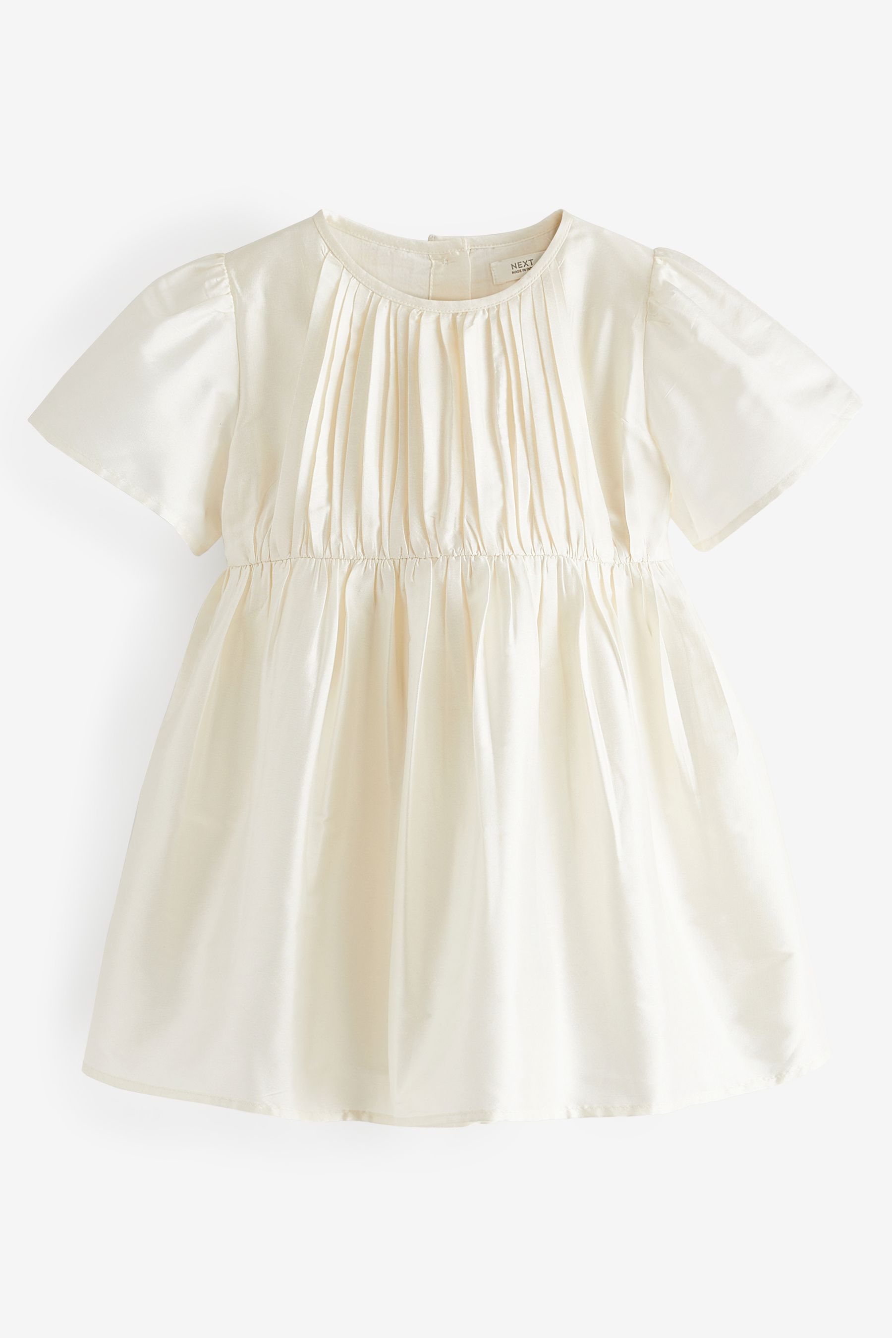 Buy Cream Pleat Detail Short Sleeve Taffeta Dress (3mths-10yrs) from ...