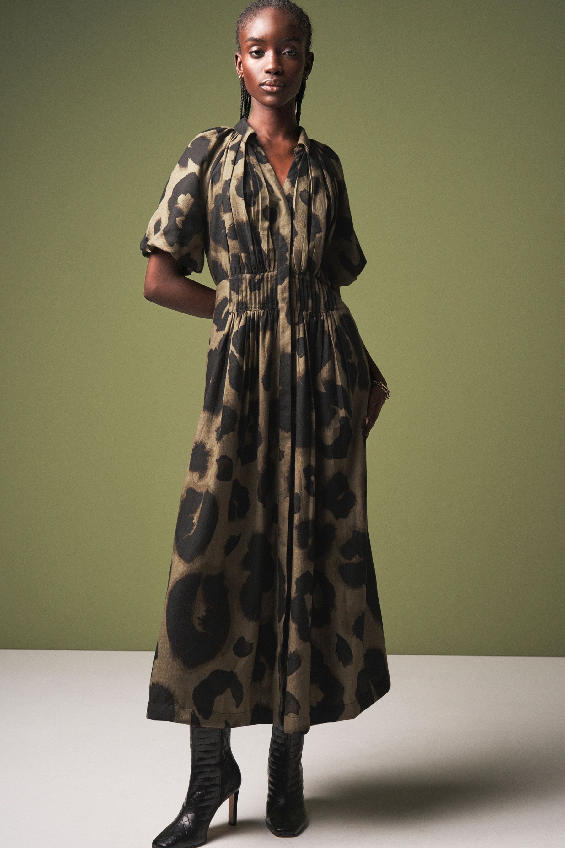 Buy Khaki Green Animal Print Puff Sleeve Midi Dress from the Next