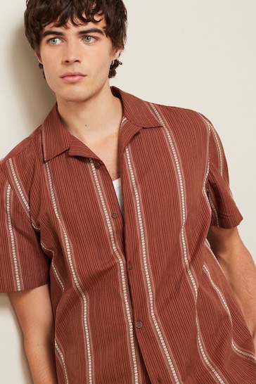 Brown Textured Stripe Short Sleeve Cuban Collar Shirt