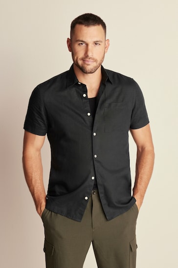 Black Standard Collar Linen Blend Short Sleeve Shirt