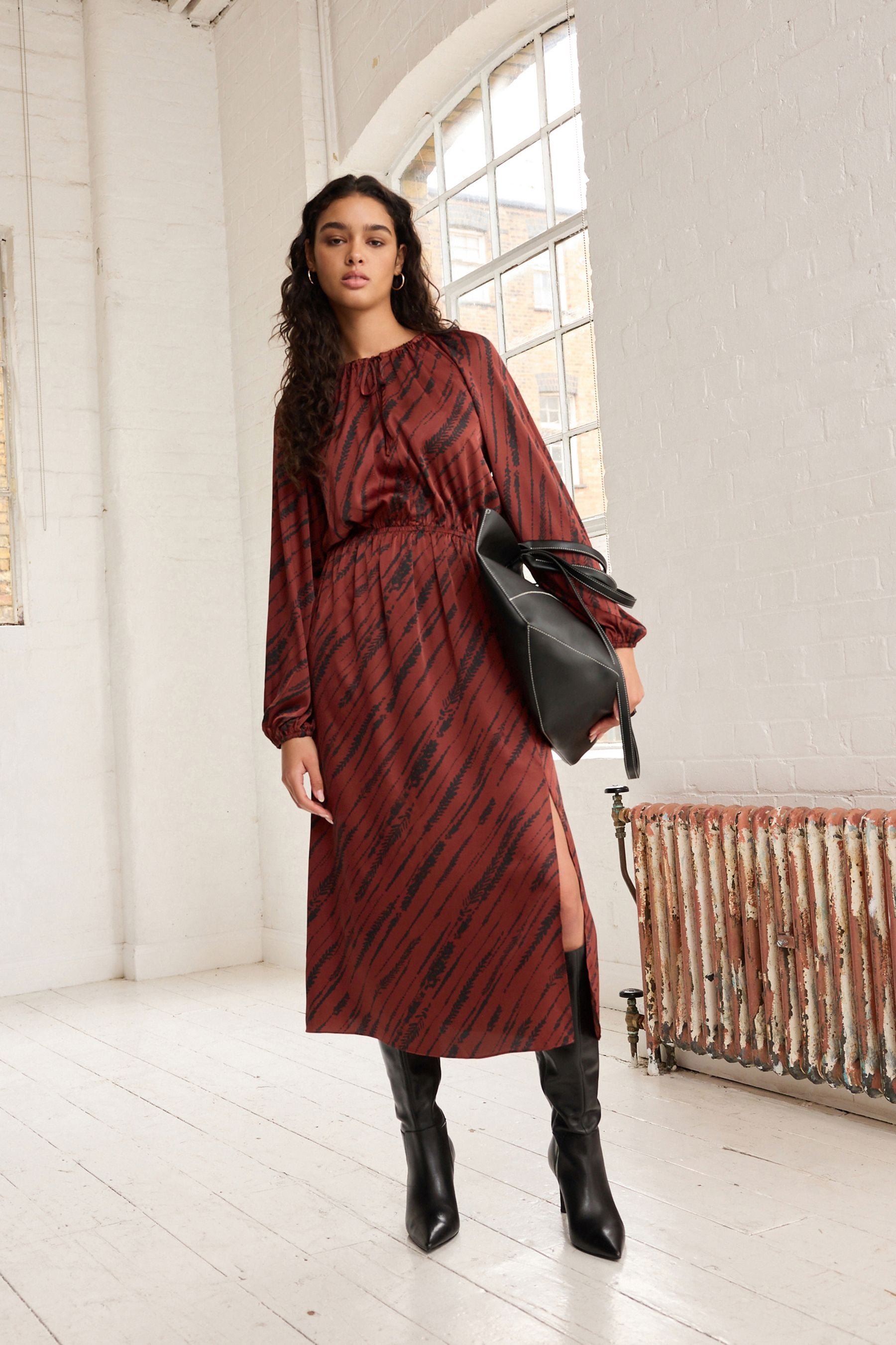 Buy Brown Leaf Print Tie Neck Long Sleeve Midi Dress from the Next