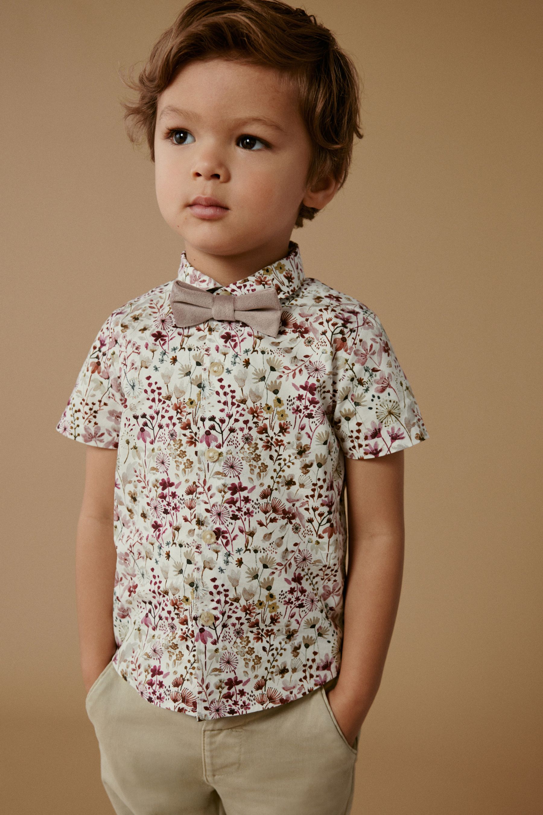 Buy Pink Floral Short Sleeve Shirt And Bow Tie Set 3mths 7yrs