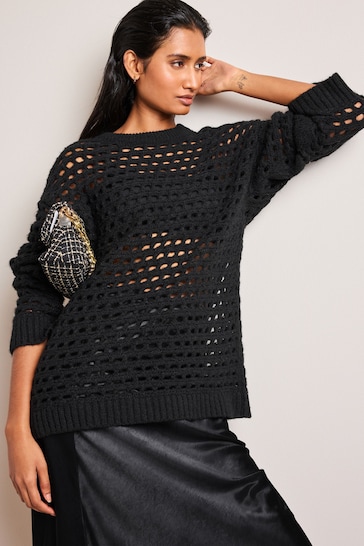 Black Open Stitch Relaxed Jumper