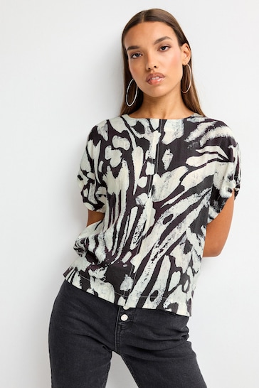 Monochrome Swirl Gathered Short Sleeve Textured Boxy T-Shirt