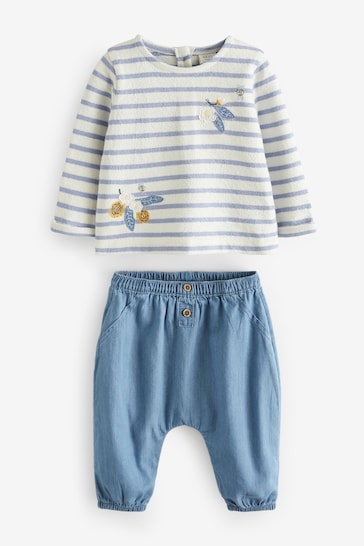 Blue/White Baby Top And Denim Trousers 2 Piece Set