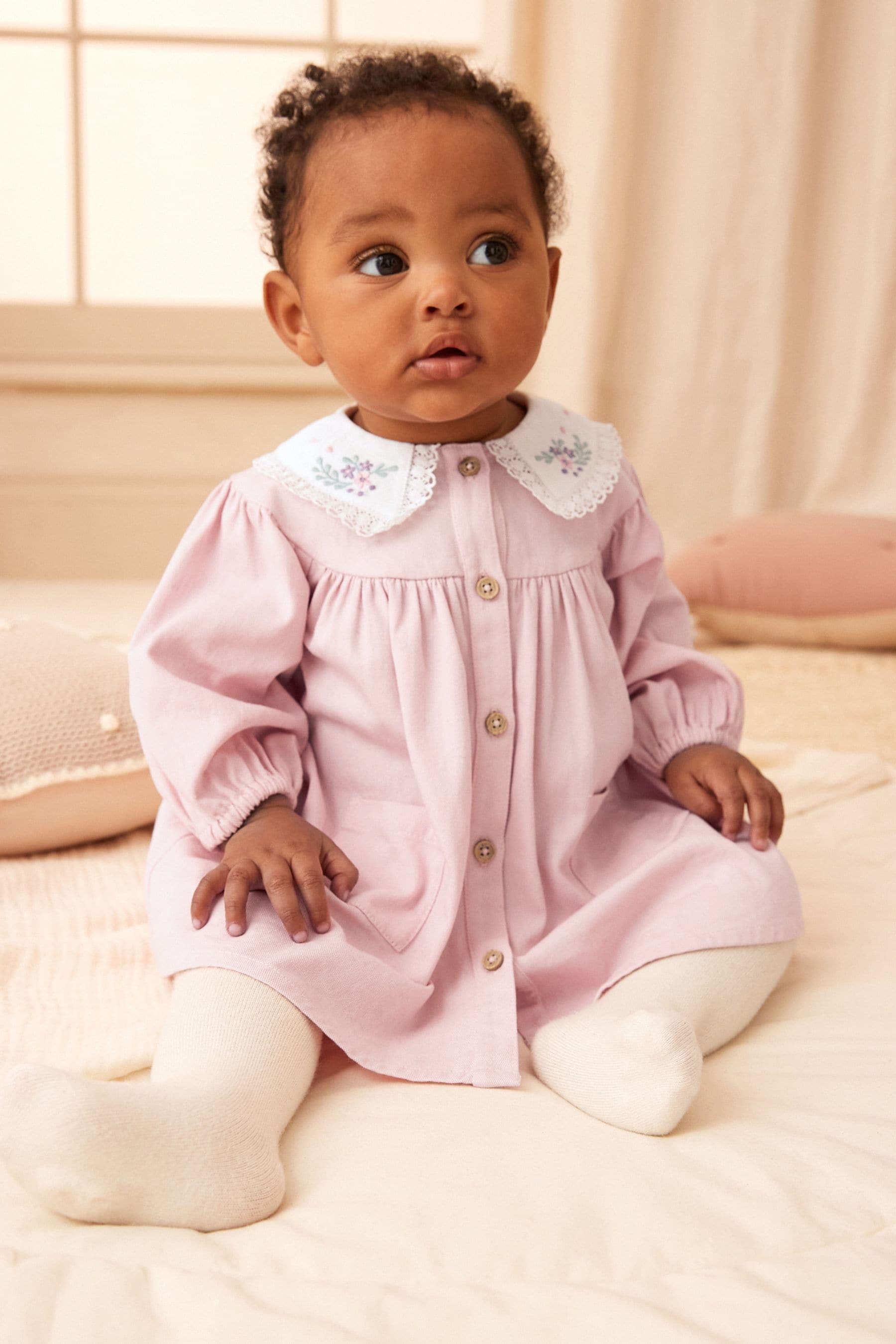 Pink 2 Piece Embroidered Baby Dress and Tights Set 0mths 2yrs