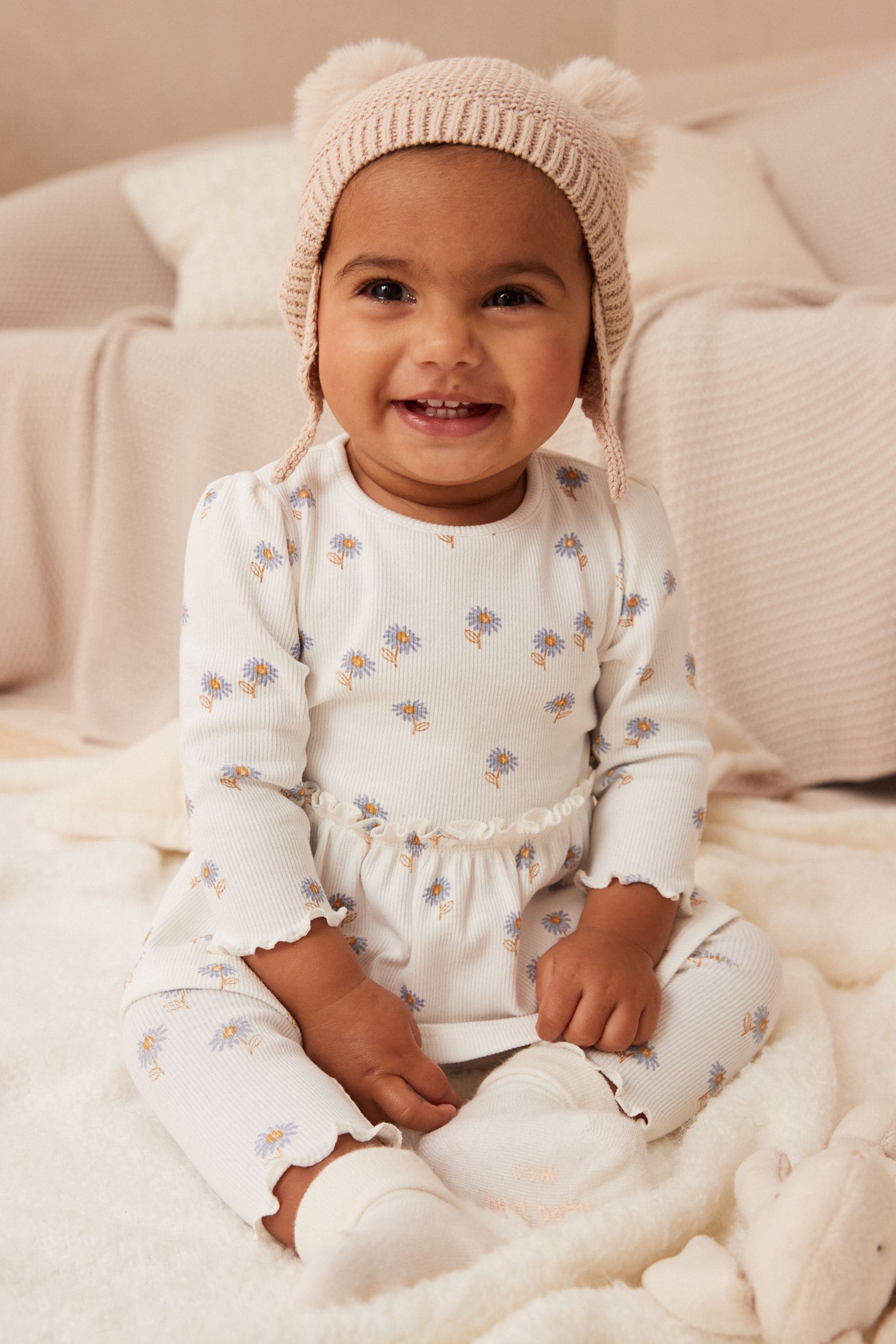 Blue White Daisy Peplum Baby Top And Leggings Set