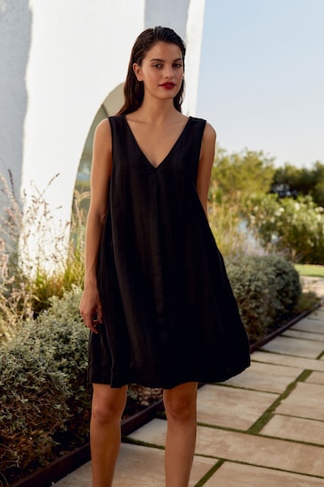 Black Linen Blend V-Neck Summer Mini Dress