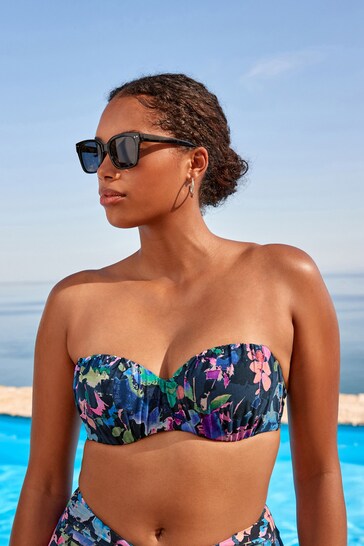 Navy Floral Ruched Shaping Wired Bandeau Bikini Top