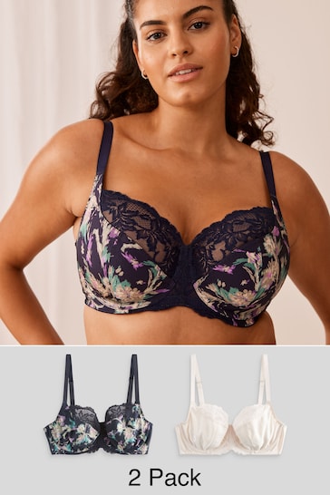 Navy Blue Floral Print/Cream DD Plus Non Pad Wired Full Cup Microfibre and Lace Bras 2 Pack