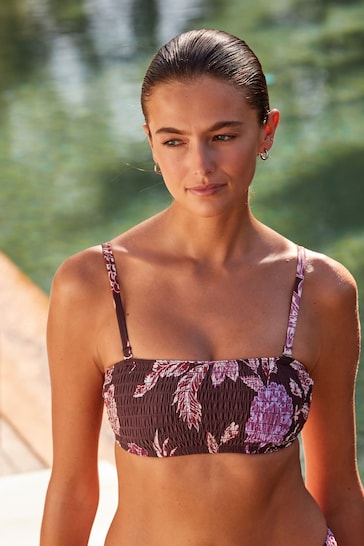 Berry Floral Shirred Bandeau Bikini Top