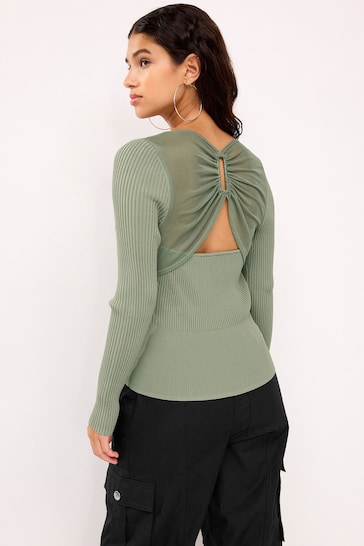 Buy Sage Green Mesh Detail Ribbed Knitted Top from the Next UK online shop