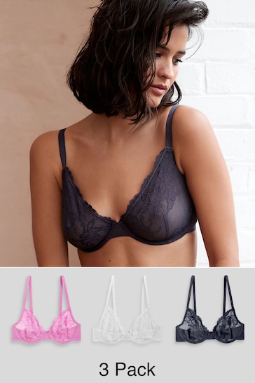 Charcoal Grey/Pink/White Non Pad Full Cup Lace Bras 3 Pack