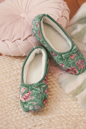 Laura Ashley Green Wild Rose Print Ballet Slippers