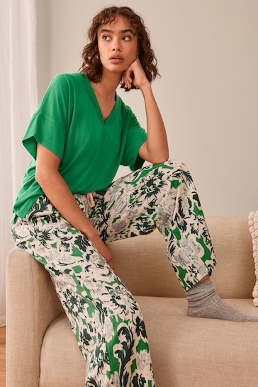 Green Floral Linen Blend Short Sleeve Pyjamas