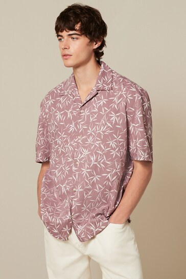 Pink Floral Short Sleeve Shirt With Cuban Collar