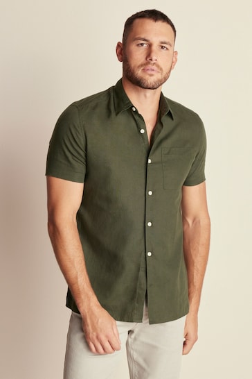 Dark Green Standard Collar Linen Blend Short Sleeve Shirt
