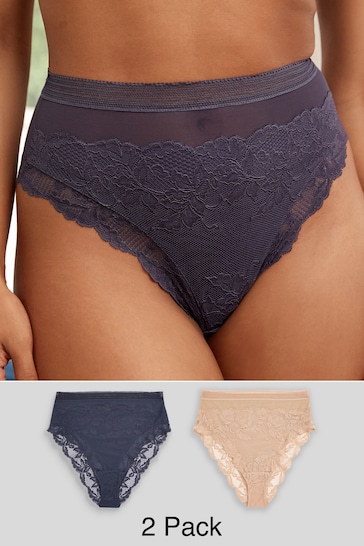 Neutral/Navy Blue High Rise High Leg Lace Knickers 2 Pack