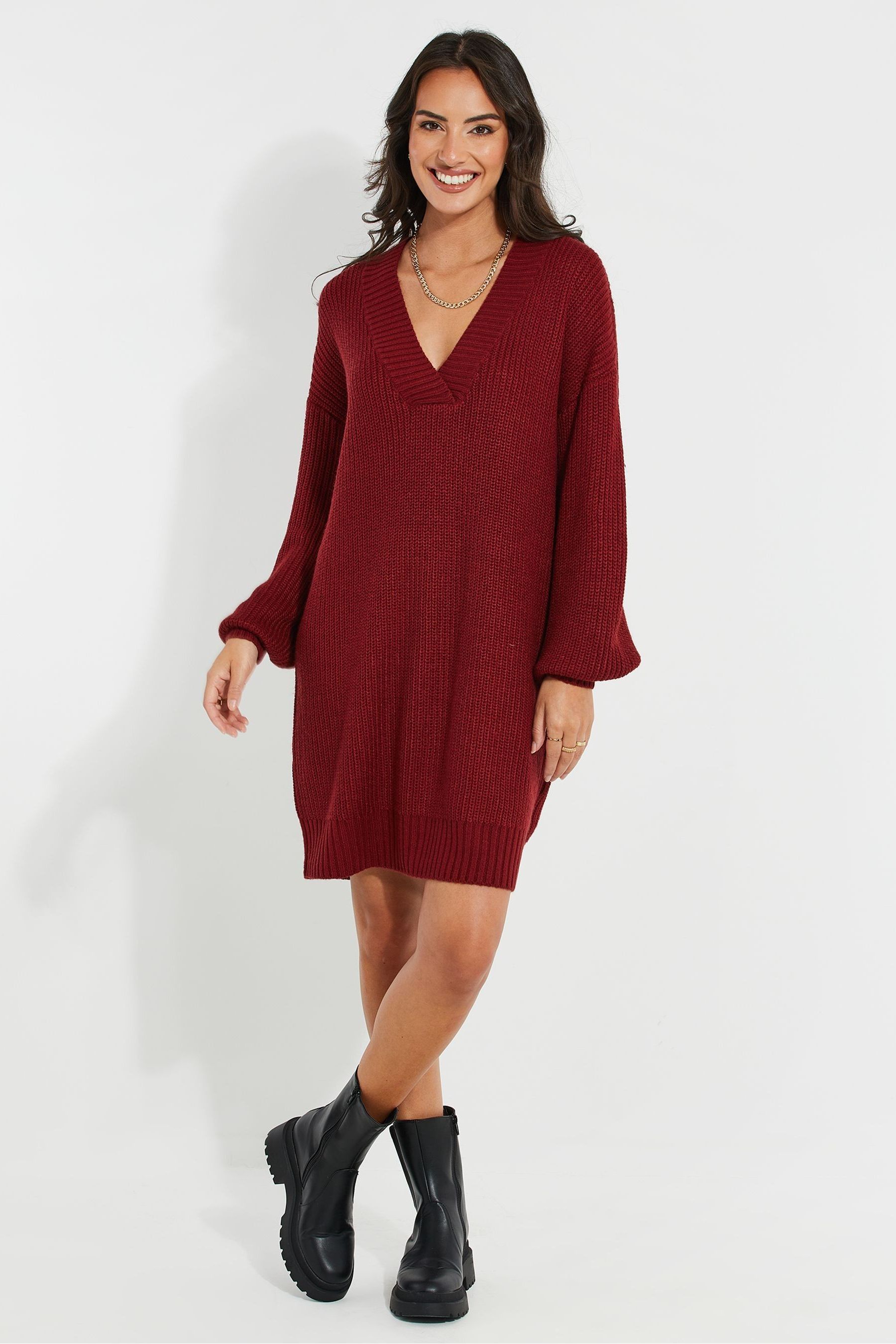 Threadbare Red V Neck Knitted Jumper Dress